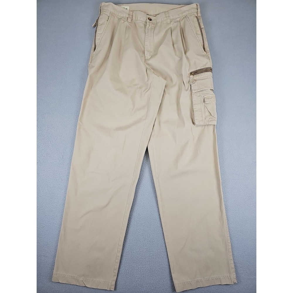 Orvis Pants Men's 34x32 Beige 100% Cotton Pleated Cargo Zipped Pockets OR5478
